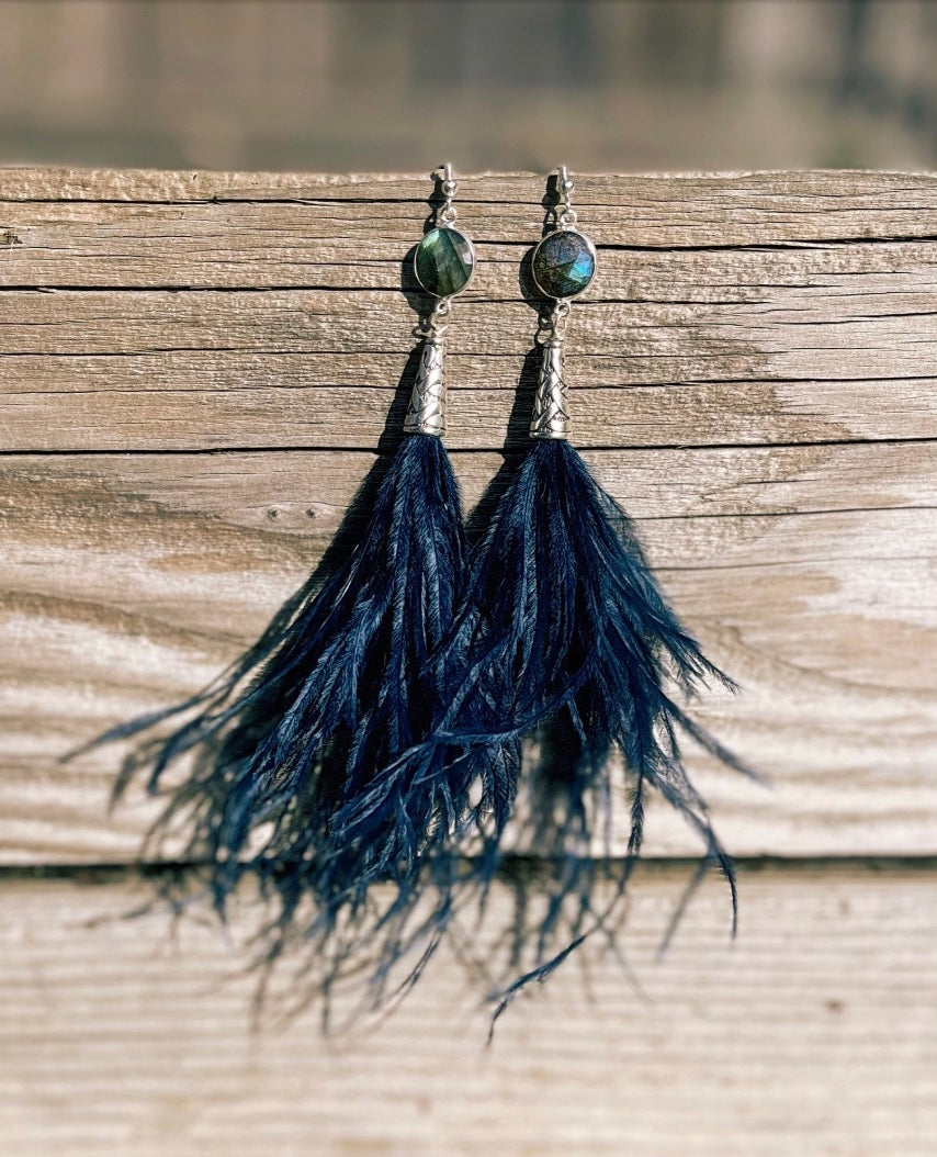 Gorgeous Labradorite and Ostrich Feather Earrings – Jewelry by